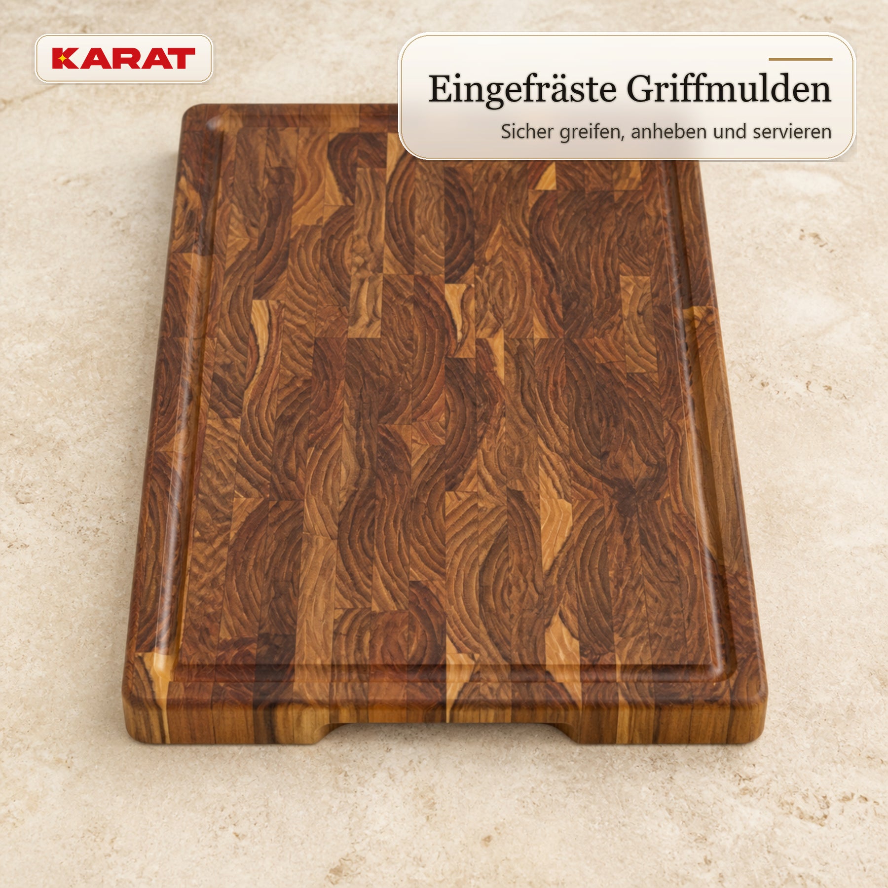 Schneidebrett | Teak Royal Endgrain | Massives Teakholz mit Saftrille & Griffmulden | 3 Größen