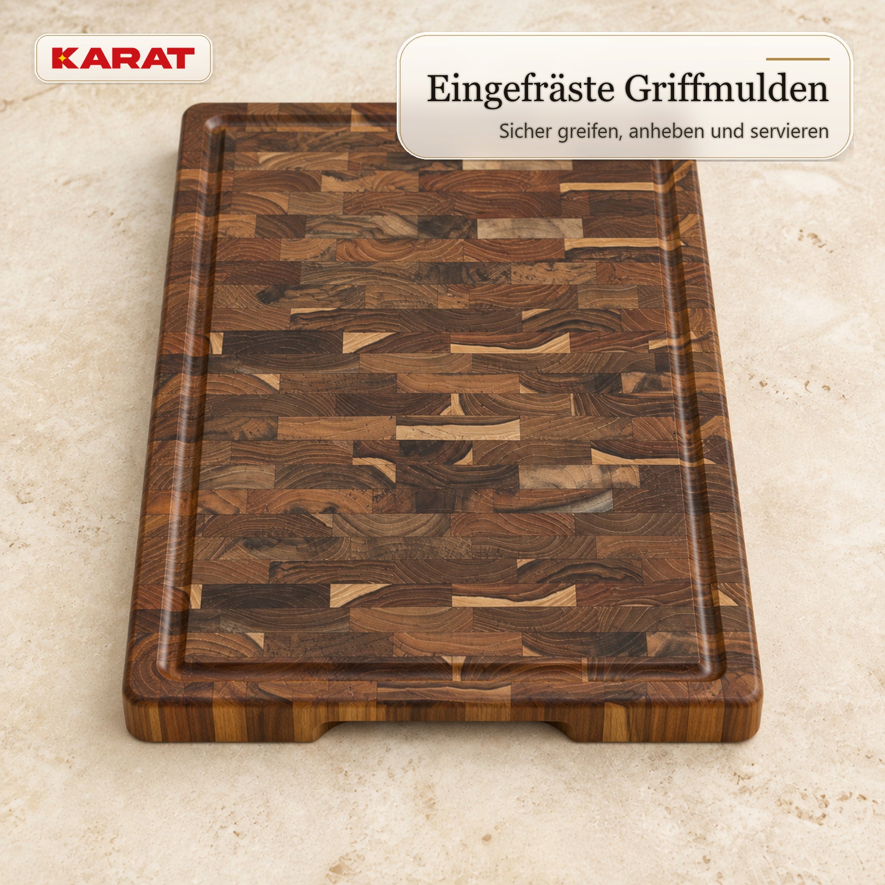 Schneidebrett | Teak Royal Endgrain | Massives Teakholz mit Saftrille & Griffmulden | 3 Größen