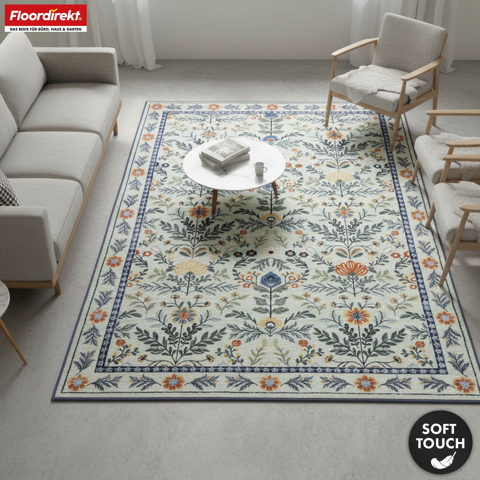 Wohnteppich | Cascada | Eleganter Teppich mit Blumen-Design in harmonischen Farben | Rutschfest, strapazierfähig & pflegeleicht | In verschiedenen Größen